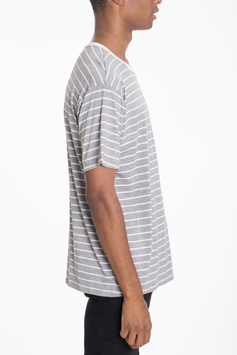 Lime Milo Cotton Stripe Tee 8509, a casual T-shirt with horizontal white and blue stripes, displayed flat on a white background.