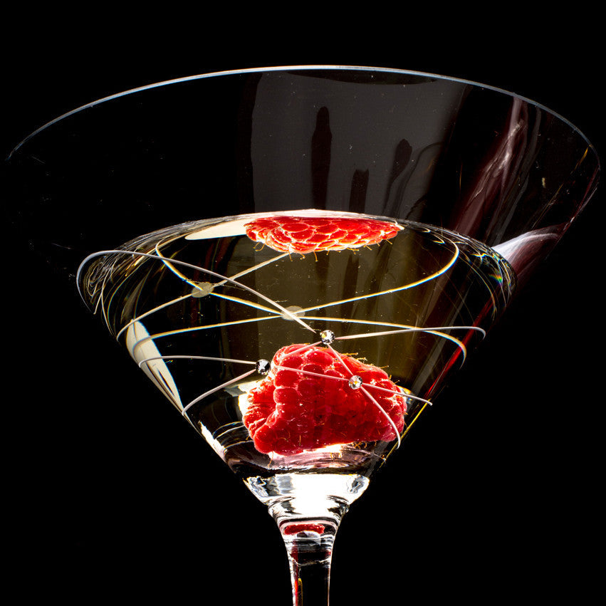 Crimson Shadow Galaxy Spirals martini glasses set of 2 with spiral design, clear glass drinkware in a gift box.