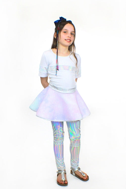 Kids Lana Galaxy scuba bell skirt by Sky Blue Beech, featuring a vibrant galaxy print and playful bubble hem style.