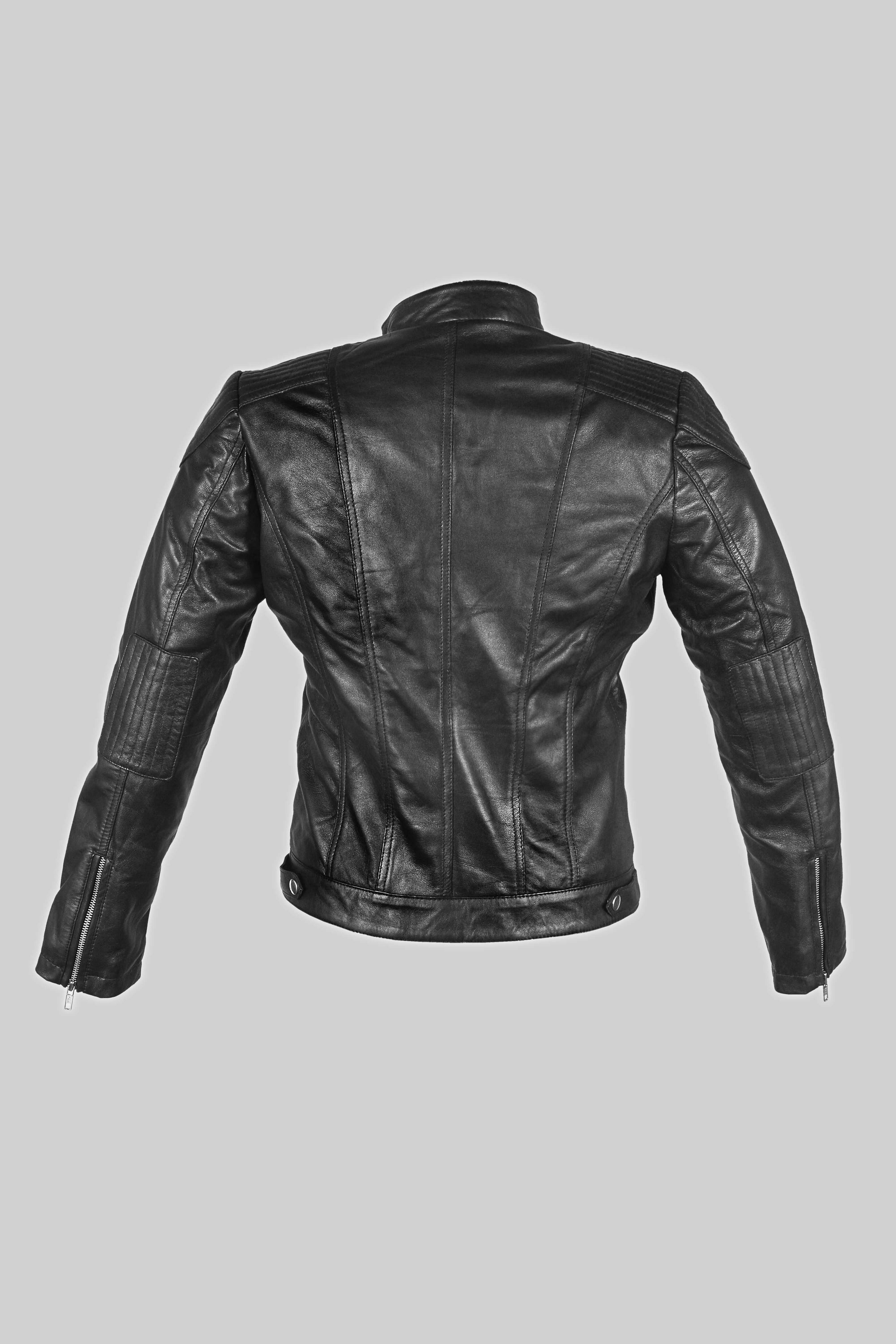 Black genuine sheepskin leather jacket for women by Lemon Bearberry, shown from the back view.