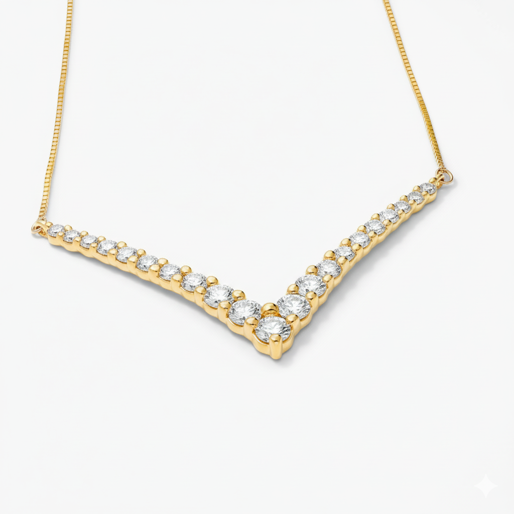 Olive Atalanta 5-carat lab diamond V-shaped necklace with graduated round brilliant diamonds, IGI certified jewelry.