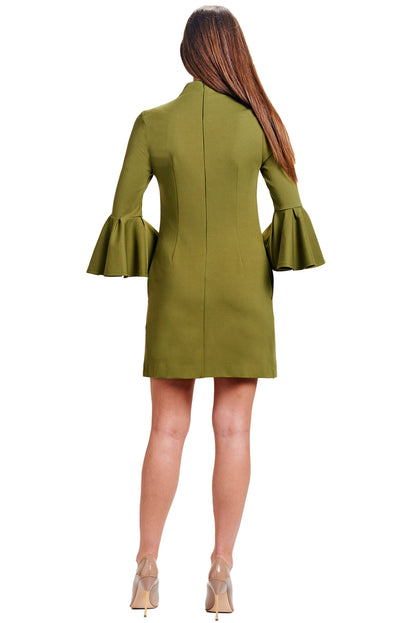 Olive green Gina Dress by Peach Dionysus featuring bell sleeves, a shift style, and side slit pockets, shown from the back.