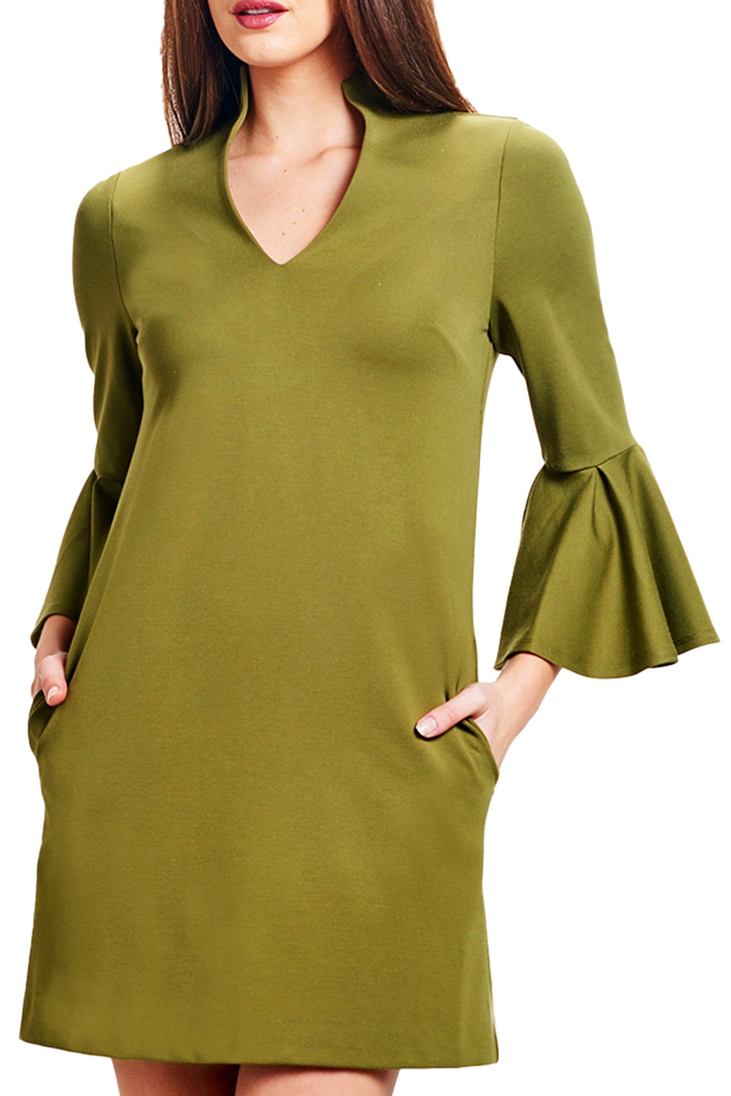 Peach Dionysus Gina Olive Dress featuring bell sleeves, side slit pockets, and a shift silhouette in a stylish olive color.