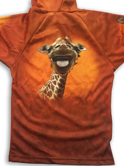 Back view of Chocolate Pandion GIRAFFE Hoodie Sport Shirt for kids by MOUTHMAN®, featuring giraffe print and comfortable fit.
