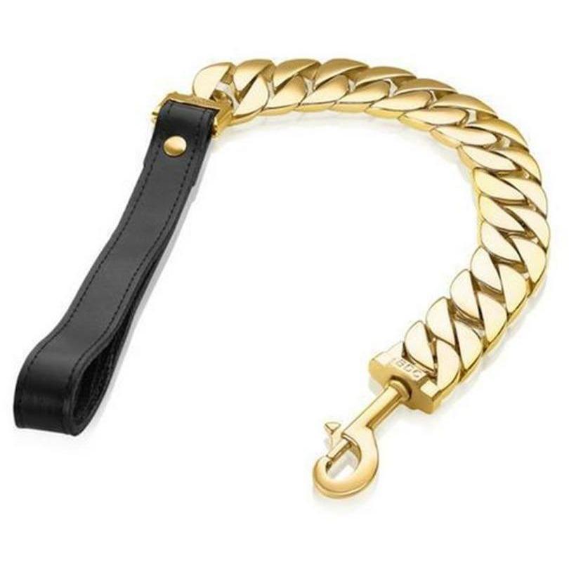 Gold Kilo Cuban Link pet leash by Almandine, featuring a durable and stylish Cuban chain design for pets.