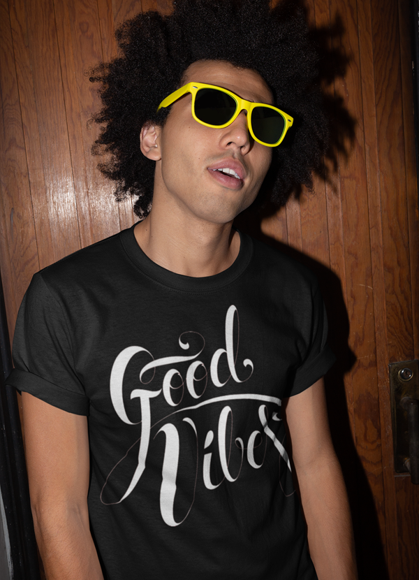 Scorpius Good Vibes Type T-shirt with colorful graphic design on a casual cotton t-shirt.