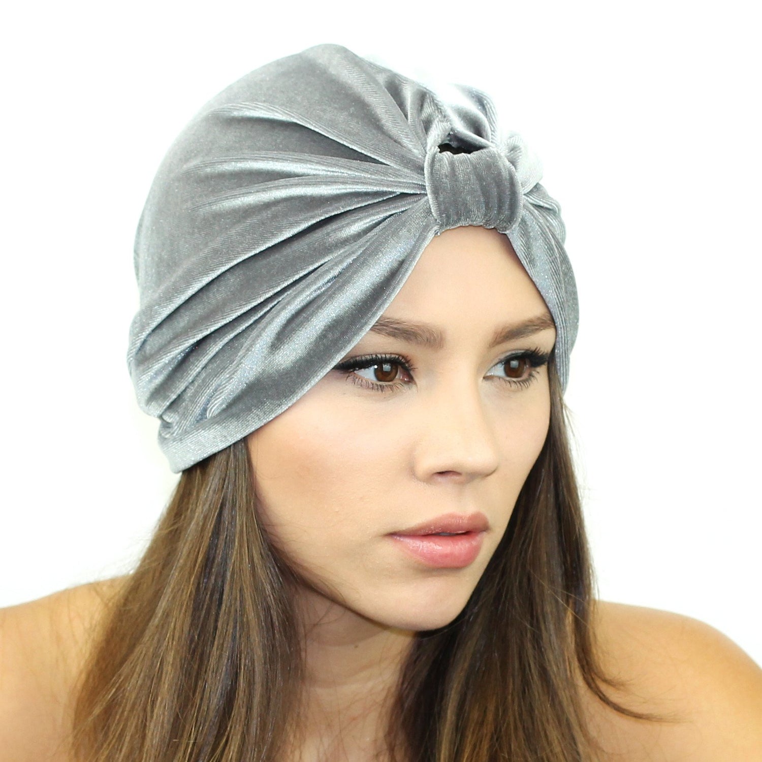 Grey stretch velvet turban by Cyan Ismene, soft haircare headwrap with a stylish, comfortable fit.