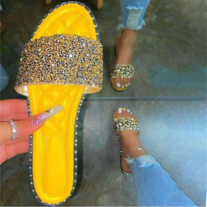 Crystal women’s bling slippers by Coffee Jasper, summer flat beach shoes with sparkling embellishments and open-toe design.