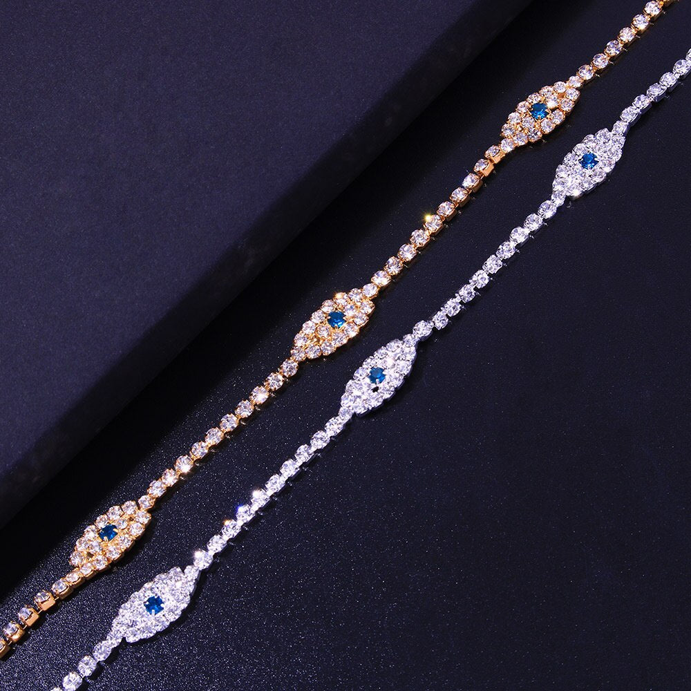 Vintage blue evil eye anklet bracelet with crystal accents for women, featuring beach-inspired style from Red Iphigenia.