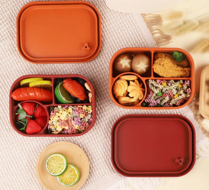 Rose Oscar BPA free silicone food container, microwave-safe heat-resistant bento box for kitchen use, with lid and compact design.