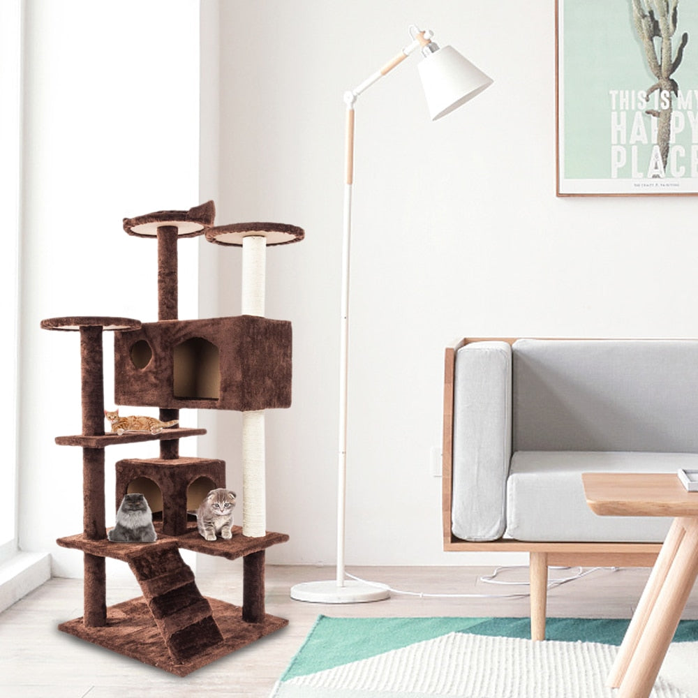 Yellow Pandora cat climbing sisal rope tower with multiple platforms and scratching posts for pets, ideal for feline exercise and entertainment.