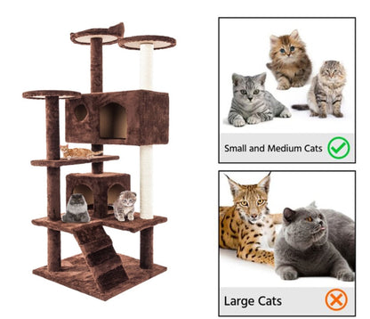 Yellow Pandora cat climbing sisal rope tower with multiple levels and platforms for pets to scratch and play.
