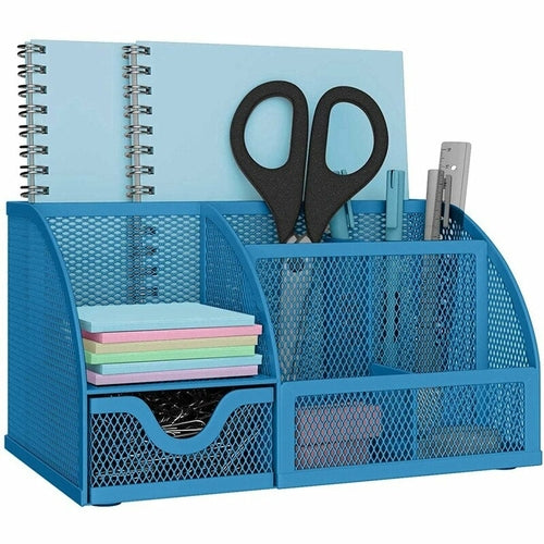 Maroon Asteria sturdy desktop organizer for home office, school, or college, holding pens, notebooks, and supplies on a workspace.