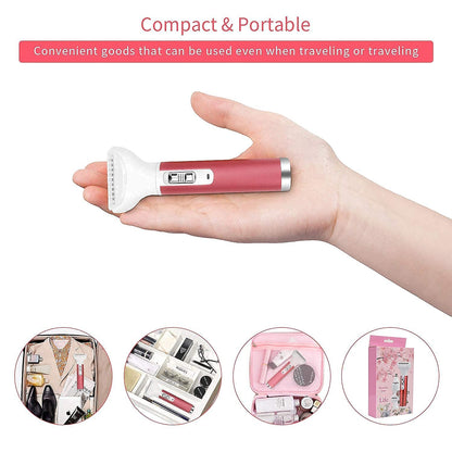 Maroon Asteria 5-in-1 women’s epilator, eyebrow trimmer, lady shaver for hair removal, compact haircare device with multiple attachments.
