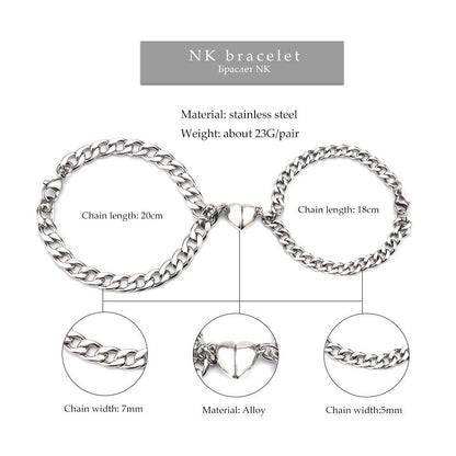 Silver Juneberry stainless steel couple bracelets with magnetism heart charms on Cuba chain, showcasing intertwined design.