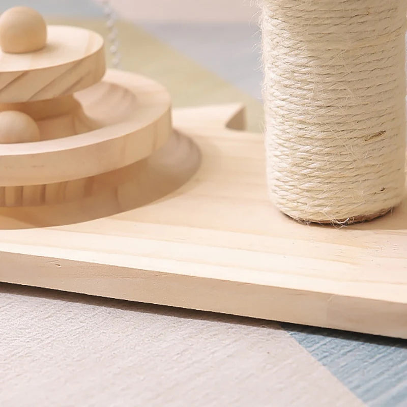 Yellow Pandora pet tree scratching post with attached toy, featuring natural wood and soft sisal scratching surface for cats.