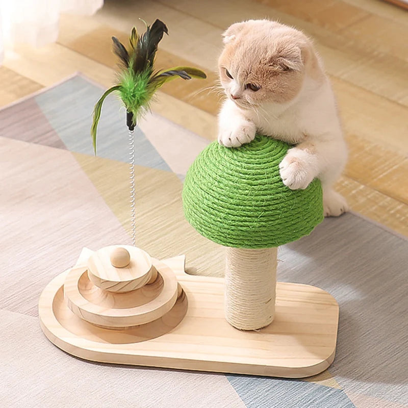 Yellow Pandora pet tree scratching post with attached toy, designed for cats to scratch, climb, and play.