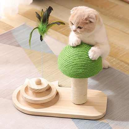 Yellow Pandora pet tree scratching post with attached toy, designed for cats to scratch, climb, and play.