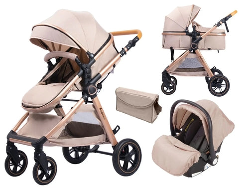 Pear Poppy luxury 3-in-1 baby stroller and pram with car seat, featuring a stylish design and versatile backpack functionality.