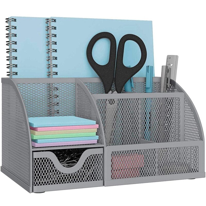 Maroon Asteria sturdy desktop organizer for home office and school, with compartments for pens, notebooks, and supplies.