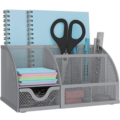 Maroon Asteria sturdy desktop organizer for home office and school, with compartments for pens, notebooks, and supplies.