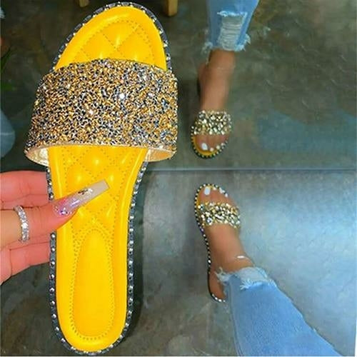 Crystal women’s slippers by Coffee Jasper with sparkling bling flats, beach-appropriate summer footwear, featuring open-toe design.
