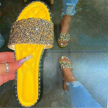 Crystal women’s slippers by Coffee Jasper with sparkling bling flats, beach-appropriate summer footwear, featuring open-toe design.