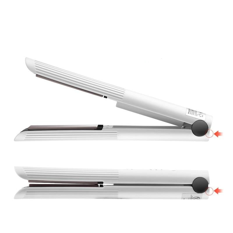 Maroon Asteria rechargeable cordless ceramic hair straightener and curler, compact and portable for easy styling.