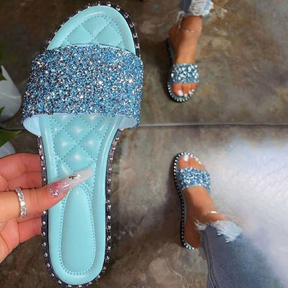 Crystal women’s slippers by Coffee Jasper, bling bling flat beach shoes, perfect for summer comfort and style.