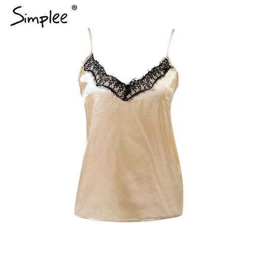 Women’s sexy solid lace satin V-neck cami by Fuchsia Simba, featuring elegant lace and smooth satin fabric for stylish comfort.