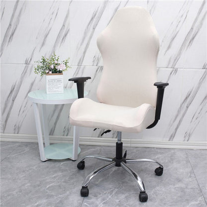 Maroon Asteria gaming chair slipcover over a black office desk chair, designed to protect and style gaming and office chairs.