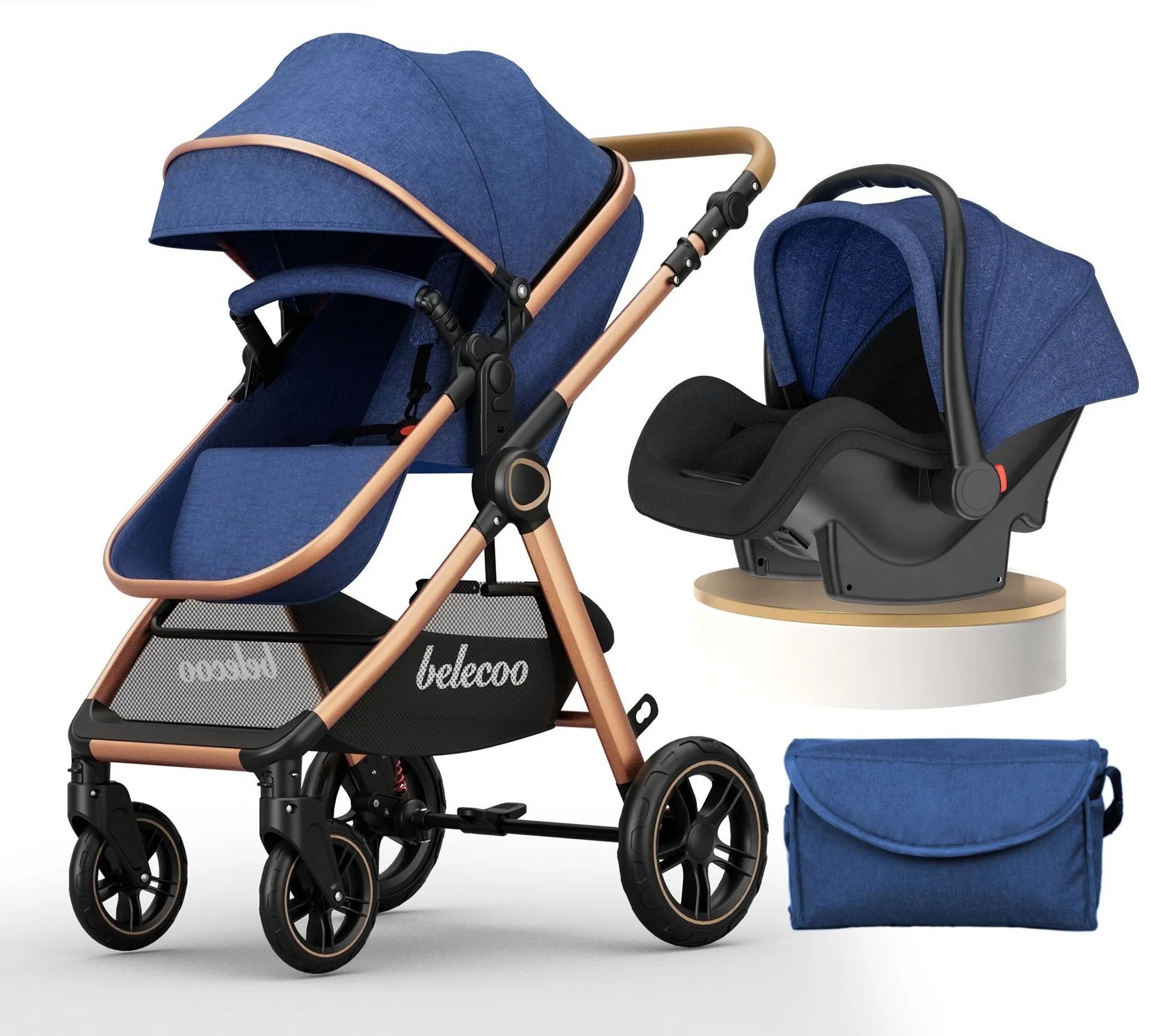 Pear Poppy luxury 3-in-1 baby stroller pram with car seat, featuring a sleek design and versatile backpack functionality.