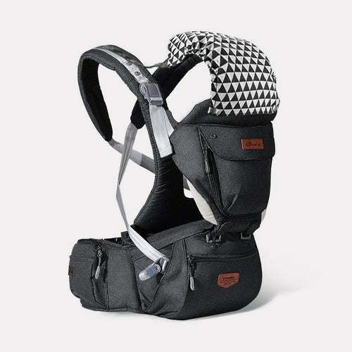 Maroon Chronos ergonomic 3-in-1 baby carrier and hipsit showing adjustable straps and padded support for comfortable baby wearing.
