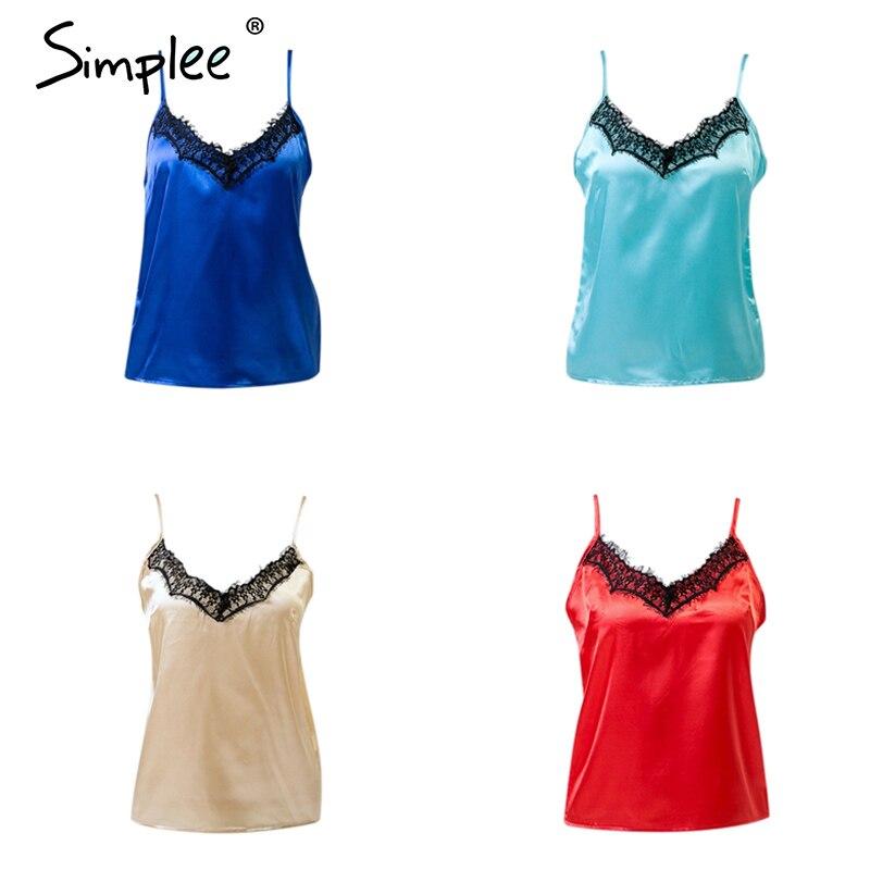 Women’s sexy solid lace satin V-neck cami by Fuchsia Simba, featuring elegant lace details and a smooth satin finish.