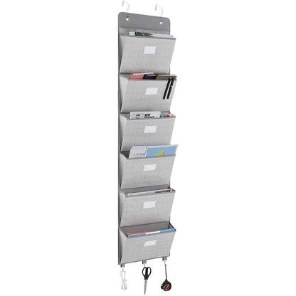 Maroon Asteria wall-mounted hanging file folder organizer with multiple storage pockets for office or home organization.