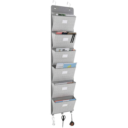 Maroon Asteria wall-mounted hanging file folder organizer with multiple storage pockets for office or home organization.