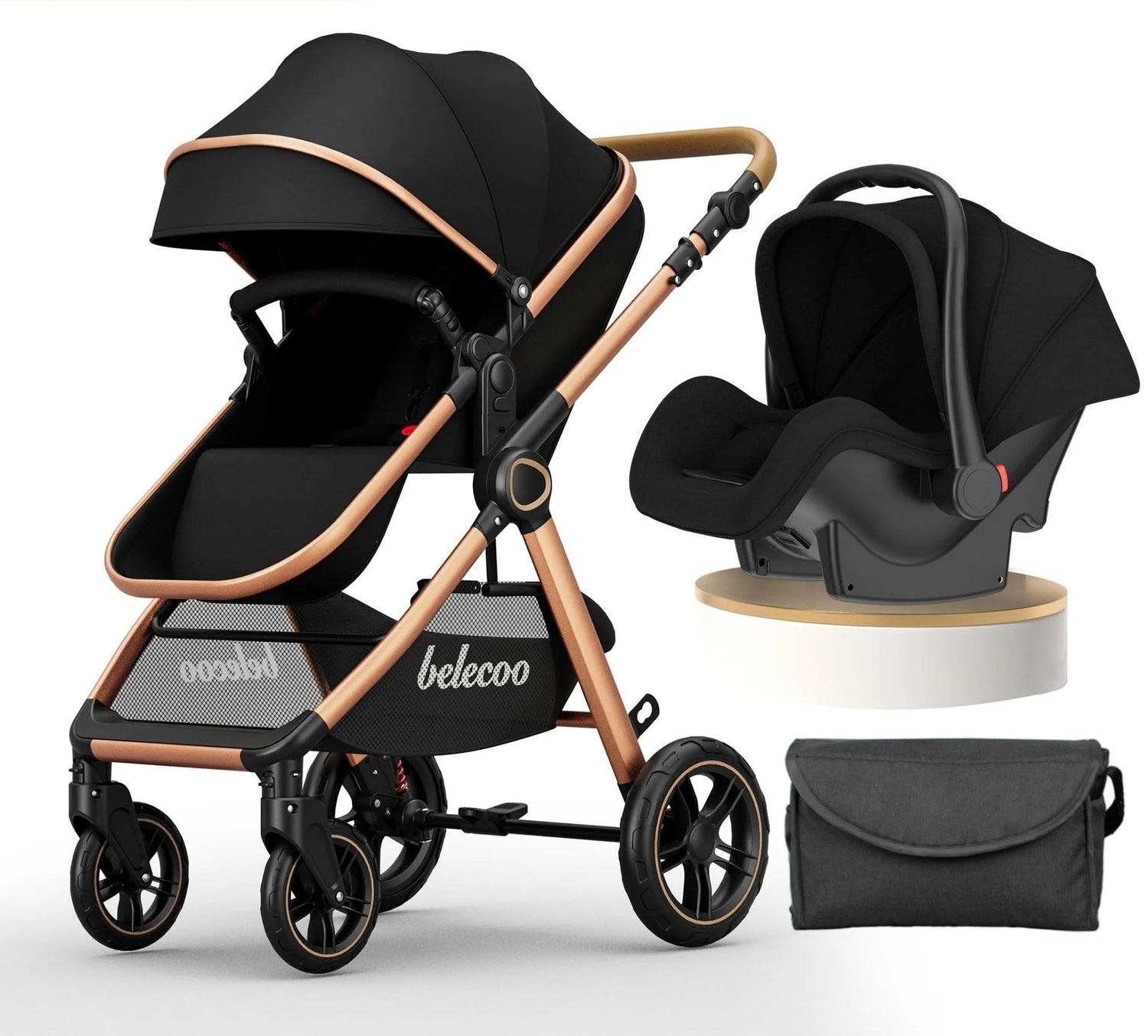 Pear Poppy luxury 3-in-1 baby stroller and pram with car seat, featuring a sleek design and adjustable handlebar.