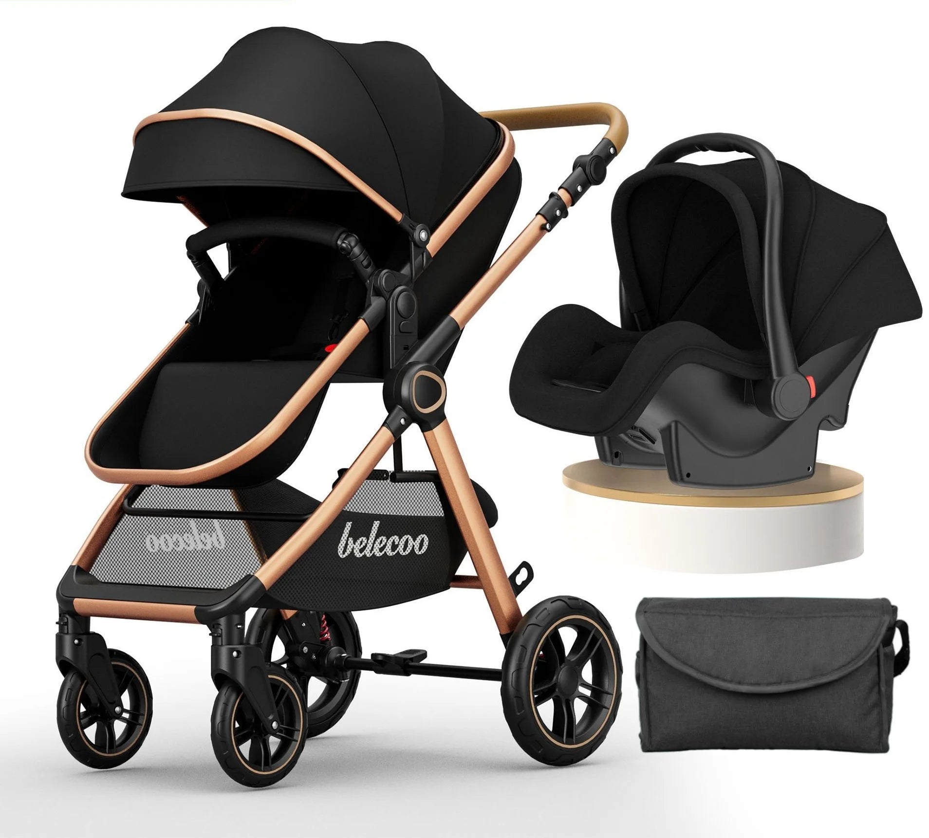 Pear Poppy luxury 3-in-1 baby stroller and pram with car seat, featuring a sleek design and adjustable handlebar.