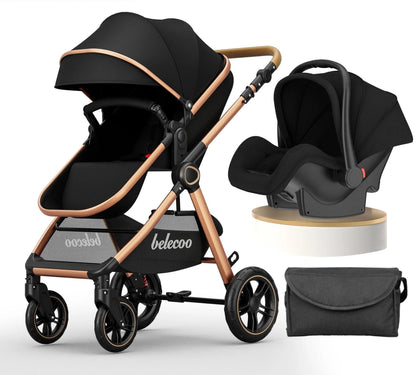 Pear Poppy luxury 3-in-1 baby stroller and pram with car seat, featuring a sleek design and adjustable handlebar.