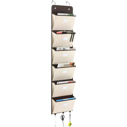 Wall-mounted Maroon Asteria hanging file folder organizer with multiple storage pockets for office or home organization.