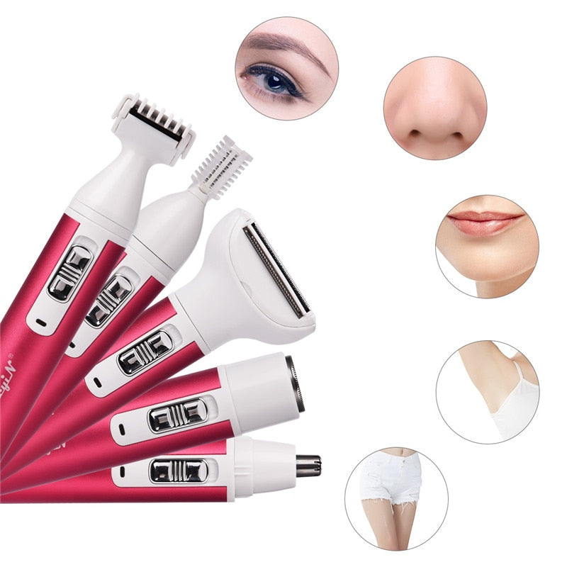 Maroon Asteria 5-in-1 electric lady shaver for painless hair removal, epilating, shaving, and haircare with multiple attachments.