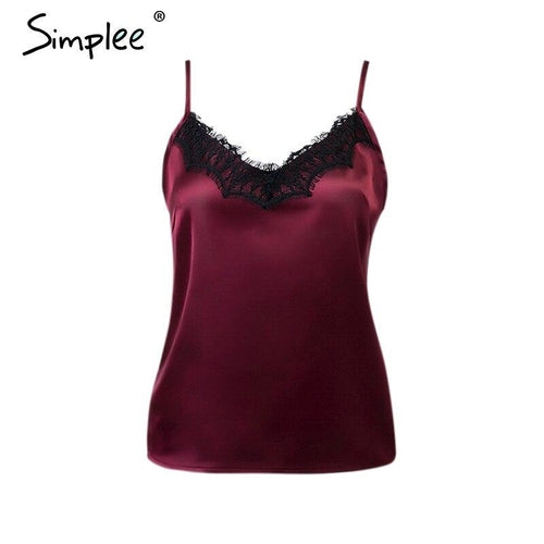 Women’s sexy solid lace satin V-neck cami by Fuchsia Simba, featuring elegant lace details and a smooth satin finish.