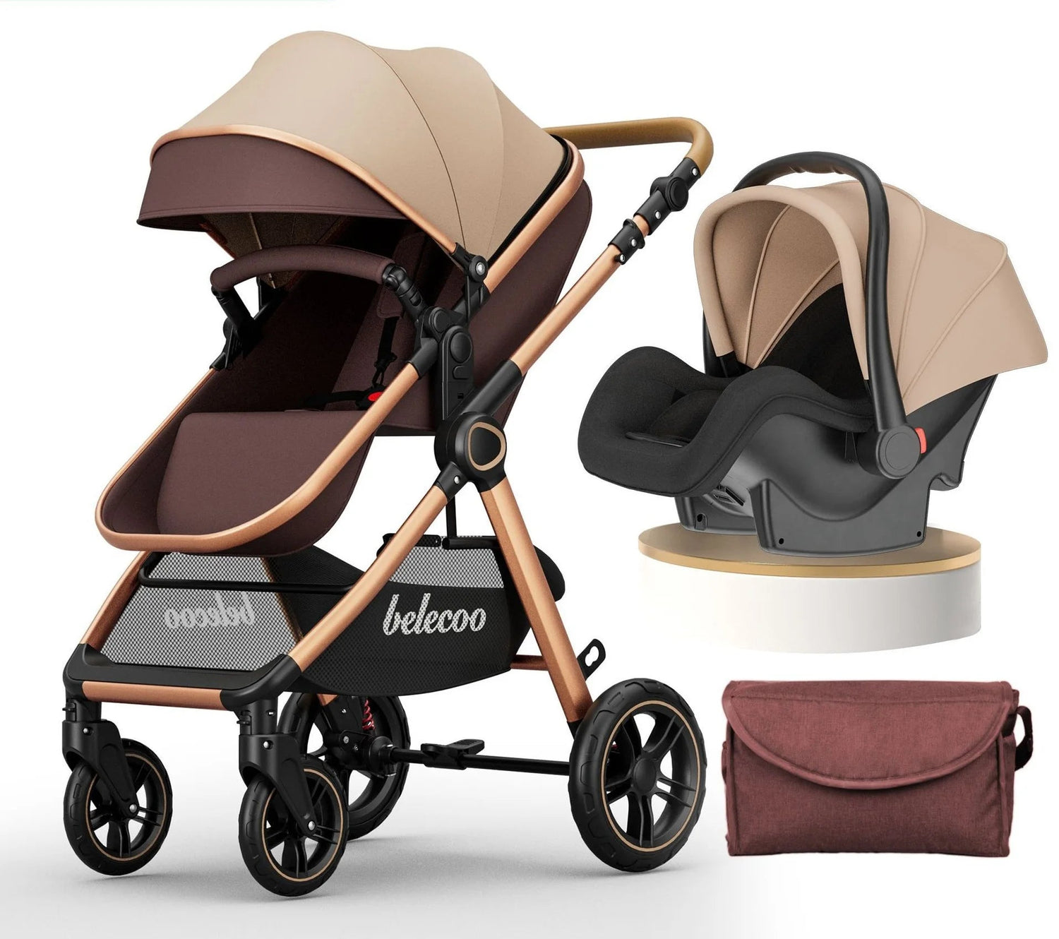 Pear Poppy luxury 3-in-1 baby stroller and car seat with backpack design, featuring a sleek, modern look for infants and toddlers.