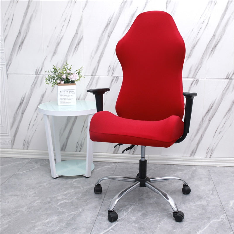Maroon Asteria gaming chair slipcover on a computer desk chair, designed for office and gaming room protection.