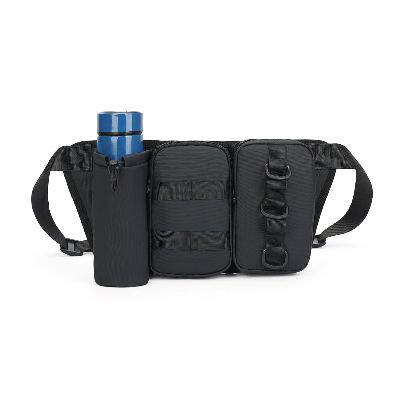 Jade Lemon outdoor multifunctional handbag with water bottle pocket, ideal for running and outdoor sports, black fabric with adjustable strap.