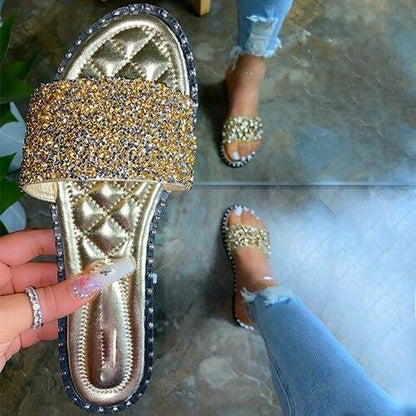 Coffee Jasper Crystal women’s flat slippers with shimmering bling, designed as stylish summer beach shoes for women.