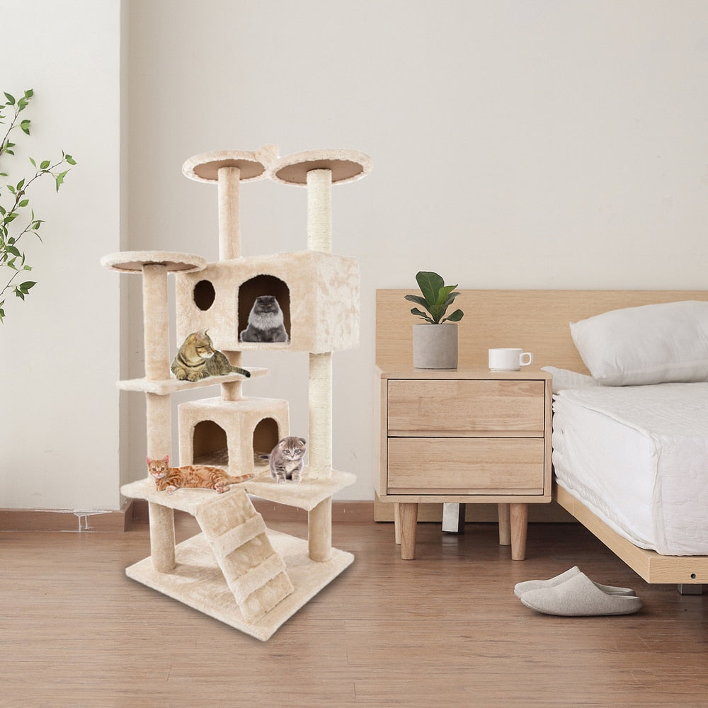 Yellow Pandora Cat Climbing Sisal Rope Tower with multiple platforms and scratching posts for cats to climb and play.