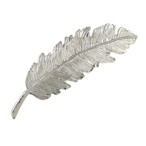 Silver feather metal hair clip by White Demeter, stylish hair accessory for elegant hairstyles.