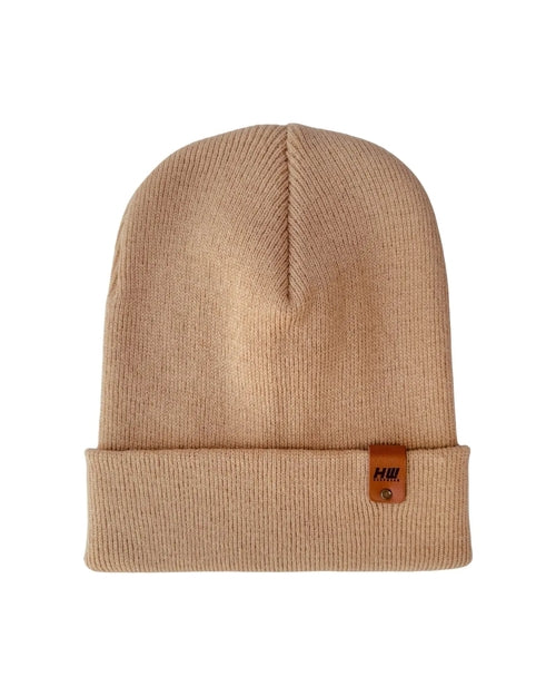 Start2Finish beige knit cuffed beanie hat with classic style, made in the USA, suitable for cold weather and casual wear.