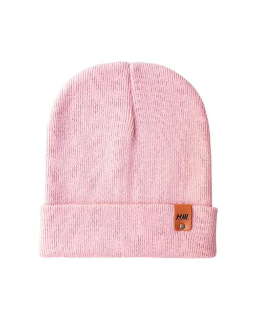 Azure Arrowwood HAAKWEAR knit cuffed beanie in pearl pink, cozy hat with a textured knit pattern, made in the USA.